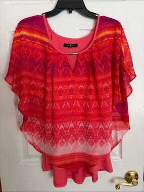 Time and Tru Pink and Red Layered Flutter Blouse